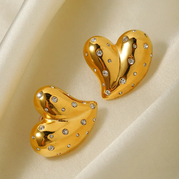 Lovcia 18K Gold-Plated Stainless Steel Heart Earrings with White Diamond Inlay for Women-Earrings-JDE2310038 WT-JDE2310038 WT