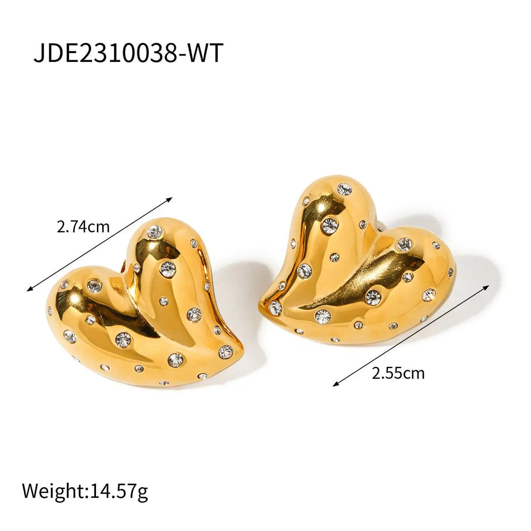 Lovcia 18K Gold-Plated Stainless Steel Heart Earrings with White Diamond Inlay for Women-Earrings-JDE2310038 WT-JDE2310038 WT