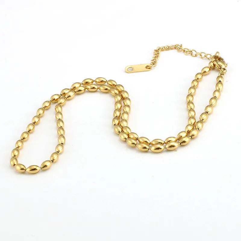 Lovcia 18K Gold Plated Stainless Steel Oval Beads Chain Necklace for Women, Elegant Adjustable Fashion Jewellery, Lightweight Gold Bead Choker Necklace, Perfect Gift for Her-Necklaces-Gold-Gold