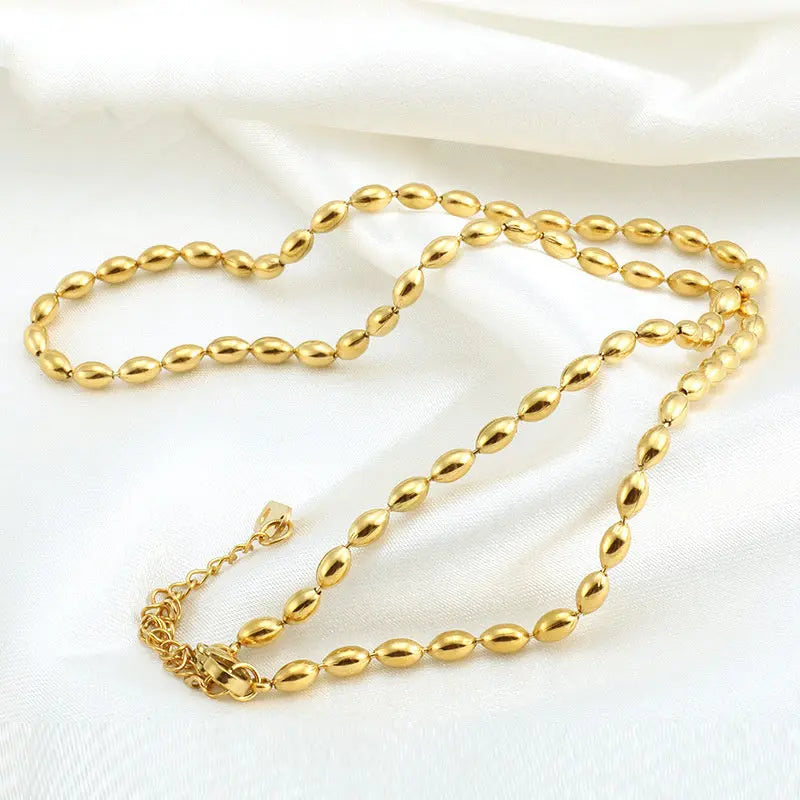 Lovcia 18K Gold Plated Stainless Steel Oval Beads Chain Necklace for Women, Elegant Adjustable Fashion Jewellery, Lightweight Gold Bead Choker Necklace, Perfect Gift for Her-Necklaces-Gold-Gold