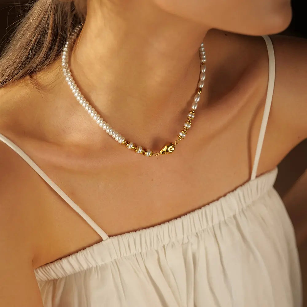 Lovcia 18K Gold Plated Stainless Steel Pearl Choker Necklace for Women - Elegant Water Drop Pendant, Adjustable Pearl Bead Chain, Hypoallergenic Jewellery for Weddings, Parties, Gifts-Necklaces-Gold-Gold