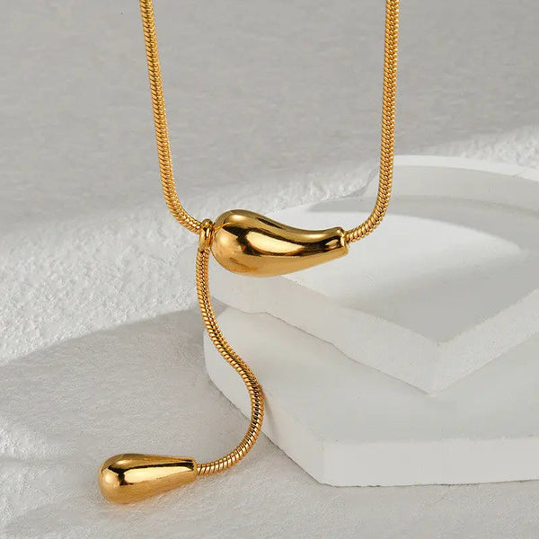 Lovcia 18K Gold Plated Stainless Steel Snake Chain Teardrop Necklace for Women - Adjustable Elegant Jewellery-Necklaces-Gold-Gold
