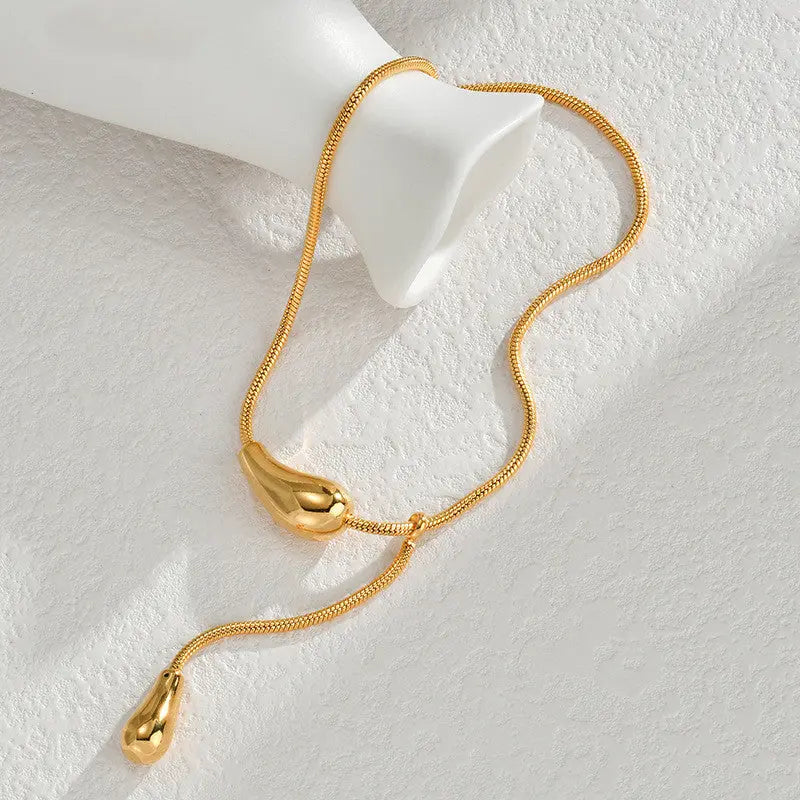 Lovcia 18K Gold Plated Stainless Steel Snake Chain Teardrop Necklace for Women - Adjustable Elegant Jewellery-Necklaces-Gold-Gold
