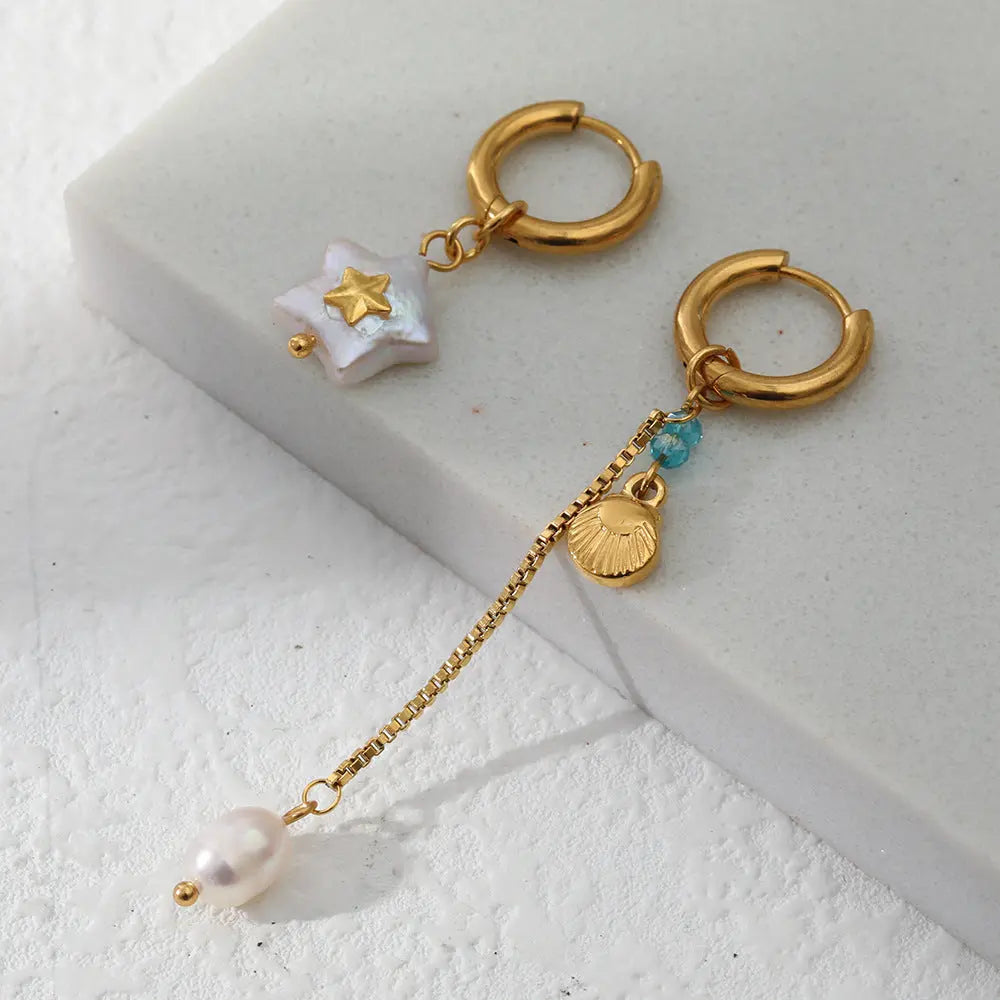 Lovcia 18K Gold Plated Stainless Steel Star Earrings with Natural Freshwater Pearl-Earrings-Asymmetric Pentagram Earrings-Asymmetric Pentagram Earrings