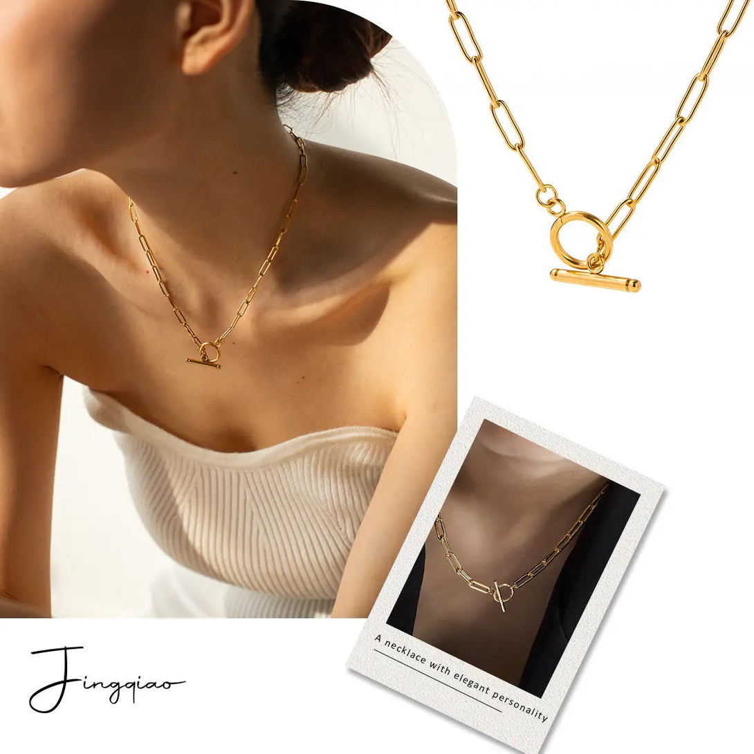 Lovcia 18K Gold Plated Stainless Steel Toggle Clasp Chain Necklace for Women - Elegant and Durable Link Design-Necklaces-Gold_JDN20151-Gold_JDN20151