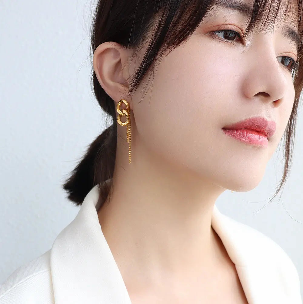 Lovcia 18K Gold Plated Titanium Steel Chain Link Dangle Earrings for Women-Earrings-Silver-Silver