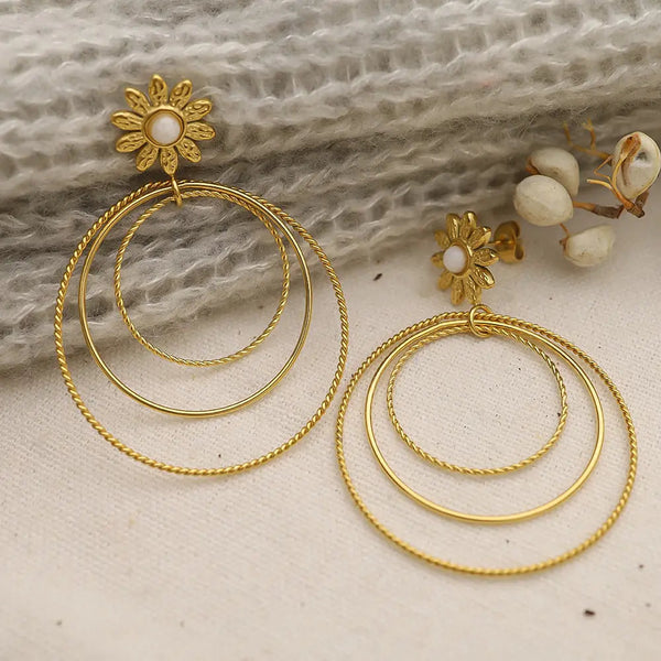 Lovcia 18K Gold Plated Titanium Steel Multi-layer Round Floral Drop Earrings for Women-Earrings-Gold-Gold