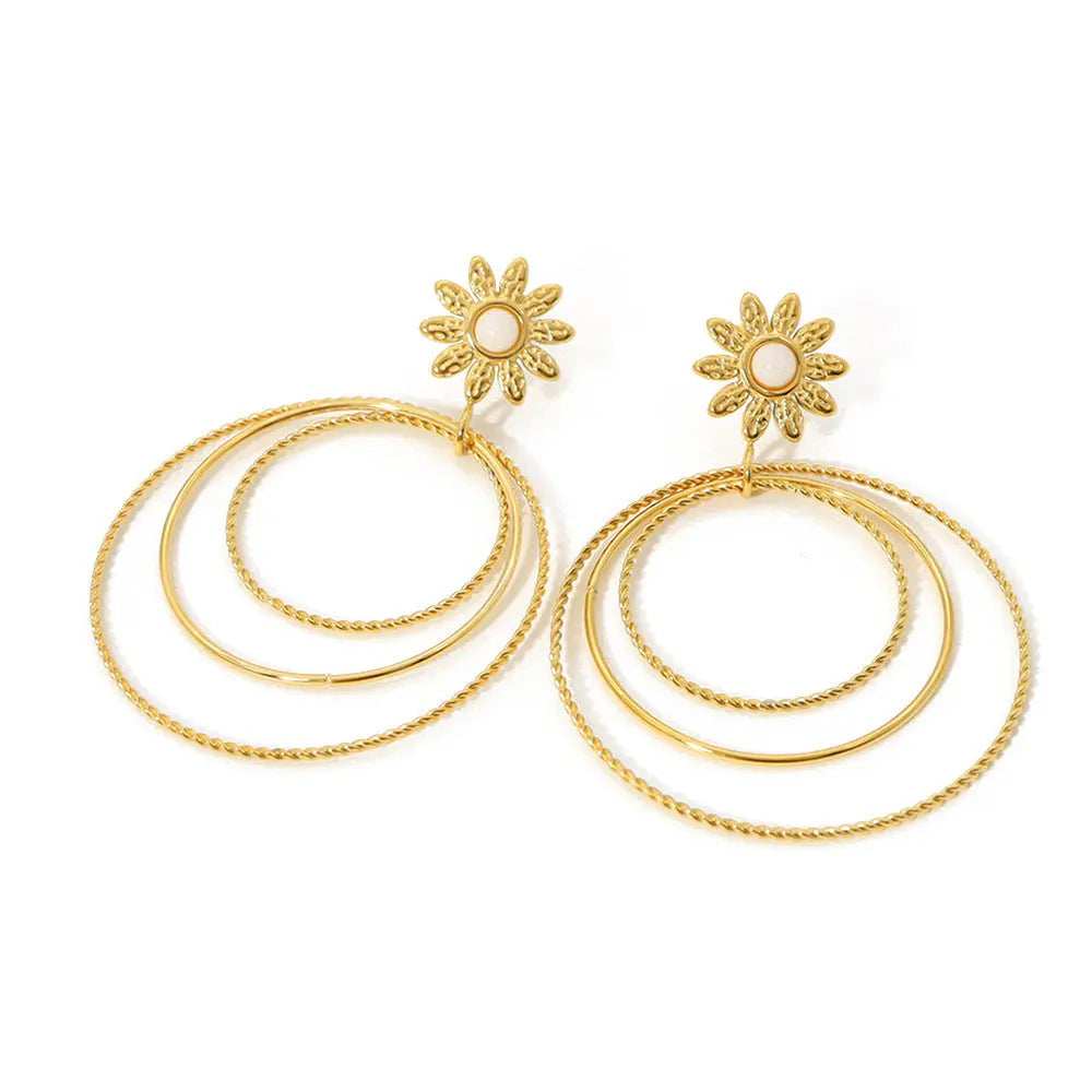 Lovcia 18K Gold Plated Titanium Steel Multi-layer Round Floral Drop Earrings for Women-Earrings-Gold-Gold