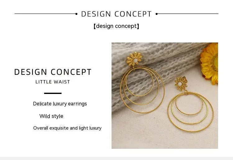 Lovcia 18K Gold Plated Titanium Steel Multi-layer Round Floral Drop Earrings for Women-Earrings-Gold-Gold