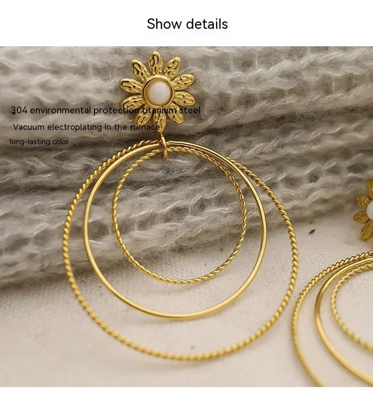 Lovcia 18K Gold Plated Titanium Steel Multi-layer Round Floral Drop Earrings for Women-Earrings-Gold-Gold
