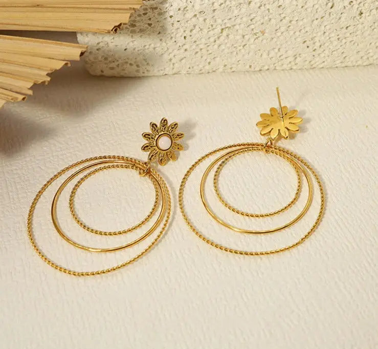Lovcia 18K Gold Plated Titanium Steel Multi-layer Round Floral Drop Earrings for Women-Earrings-Gold-Gold