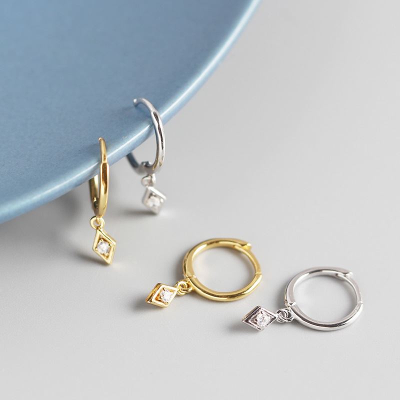 Lovcia 18mm CZ Hoop Earrings Rhombus Charm Gold Plated-Earrings-Silver-