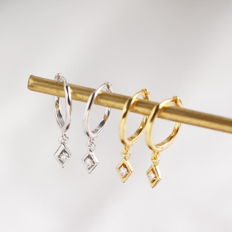 Lovcia 18mm CZ Hoop Earrings Rhombus Charm Gold Plated-Earrings-Silver-