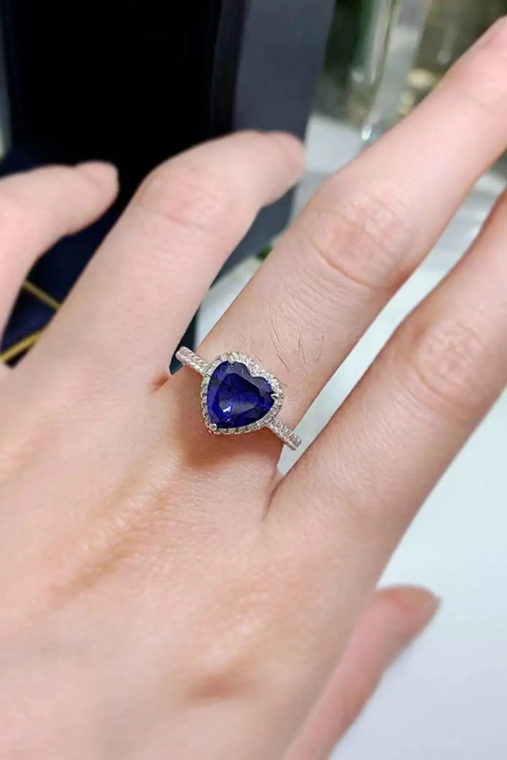 Lovcia 2 Carat Moissanite Heart-Shaped Side Stone Ring-Rings-Blue-5-Blue
