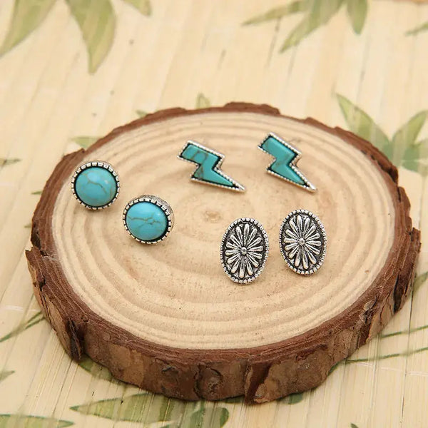 Lovcia 3 Piece Artificial Turquoise Stud Earrings-Earrings-Silver-One Size-Silver