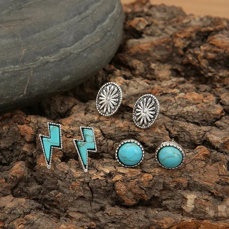 Lovcia 3 Piece Artificial Turquoise Stud Earrings-Earrings-Silver-One Size-Silver