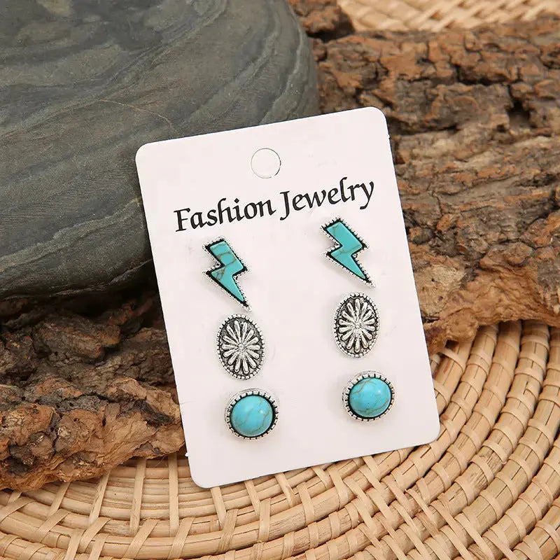 Lovcia 3 Piece Artificial Turquoise Stud Earrings-Earrings-Silver-One Size-Silver