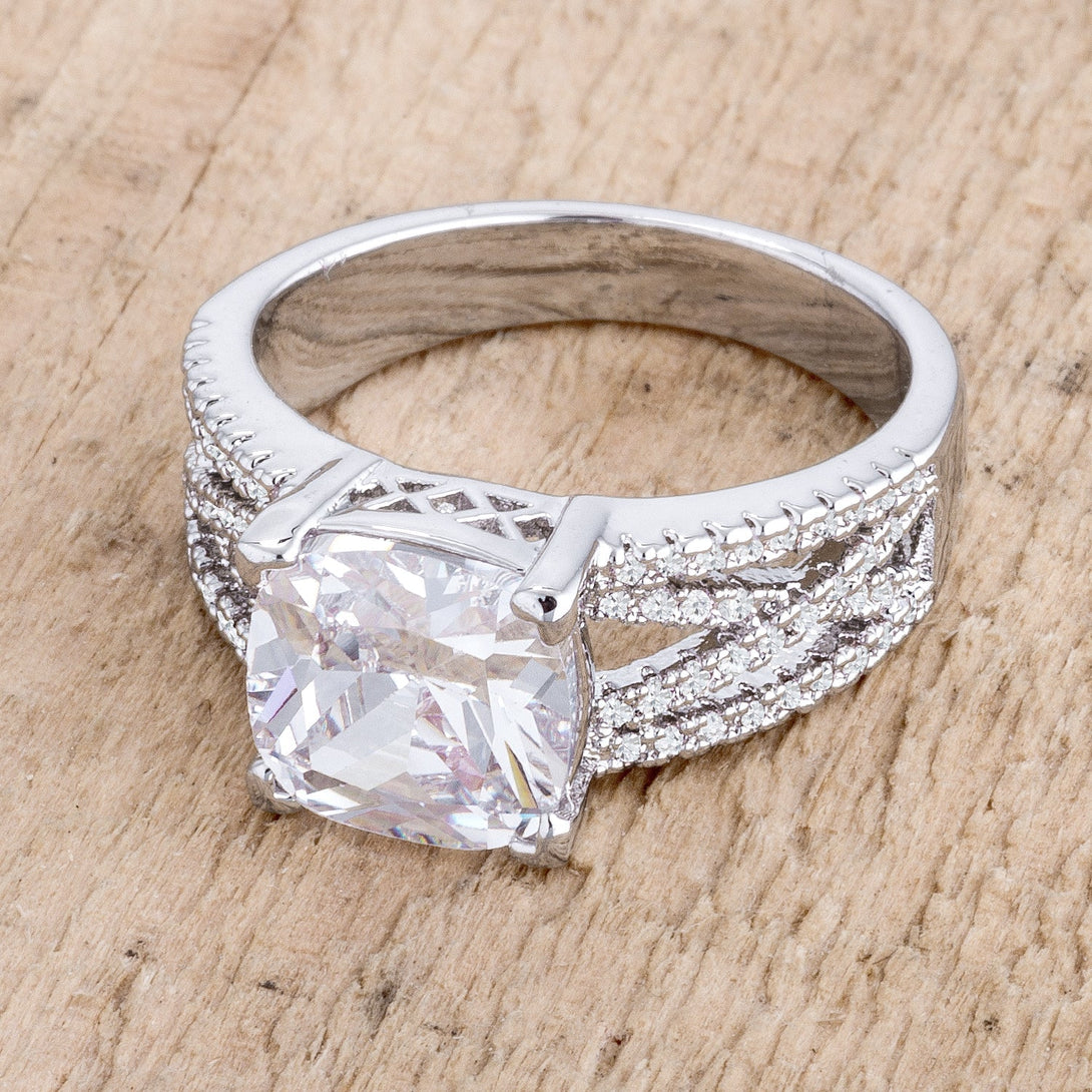 Lovcia 3Ct Rhodium Plated Criss-Cross Band with Cushion Cut CZ Engagement Ring-Rings-5-5