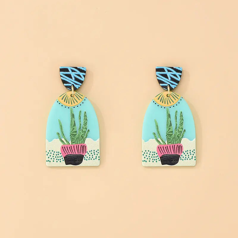 Lovcia 3D Printed Acrylic Cactus Flower Earrings for Women-Earrings-As shown-As shown