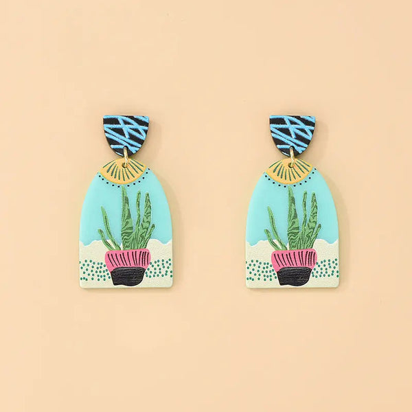 Lovcia 3D Printed Acrylic Cactus Flower Earrings for Women-Earrings-As shown-As shown