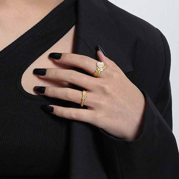 Lovcia 925 Silver Adjustable Ring Mother Of Shell Gold-Rings-Yellow Gold-Yellow Gold