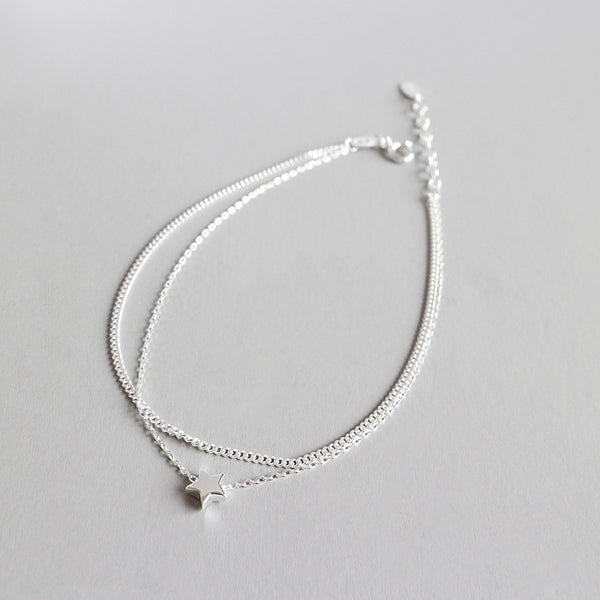 Lovcia 925 Silver Anklet Double Layer Rolo Star Pendant-Anklets-Rhodium-Rhodium