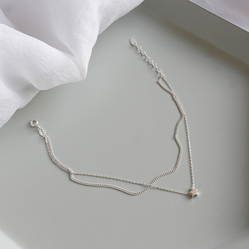 Lovcia 925 Silver Anklet Double Layer Rolo Star Pendant-Anklets-Rhodium-