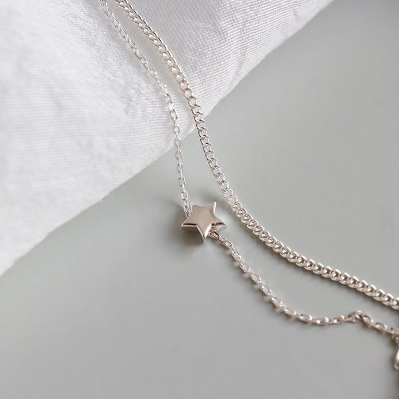 Lovcia 925 Silver Anklet Double Layer Rolo Star Pendant-Anklets-Rhodium-