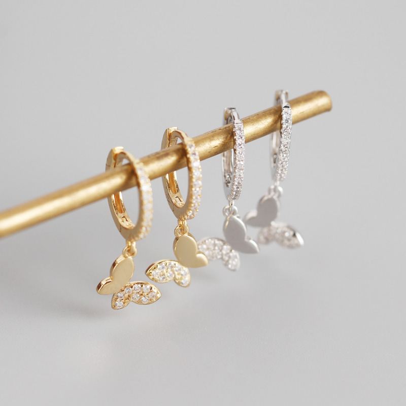 Lovcia 925 Silver Gold Plated Butterfly CZ Hoop Earrings-Earrings-Silver-