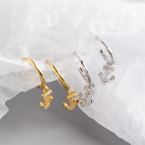 Lovcia 925 Silver Ship's Anchor CZ Hoop Earrings Gold-Earrings-Yellow Gold-