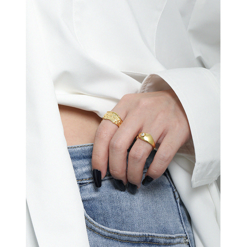 Lovcia 925 Silver Wide Rock Stone Adjustable Ring Gold-Rings-Yellow Gold-Yellow Gold