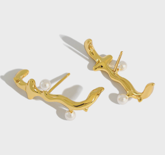 Lovcia 925 Sterling Pearl Branch Stud Earrings Gold 26mm-Earrings-Yellow Gold-
