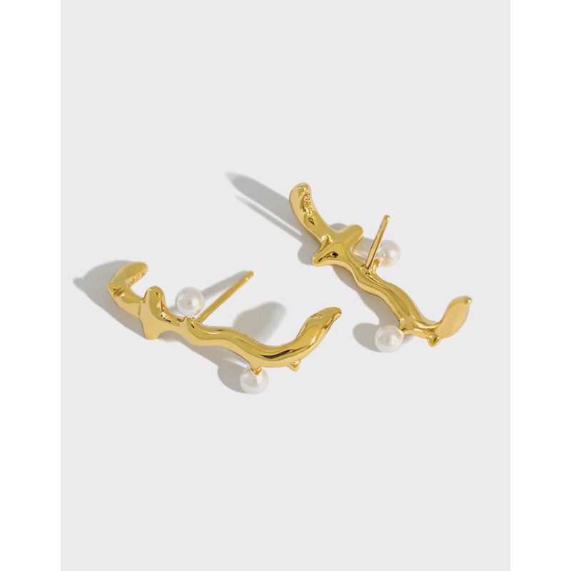 Lovcia 925 Sterling Pearl Branch Stud Earrings Gold 26mm-Earrings-Yellow Gold-