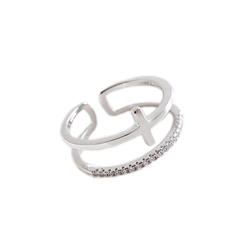 Lovcia 925 Sterling Silver Adjustable Cross CZ Ring-Rings-Rhodium-Rhodium