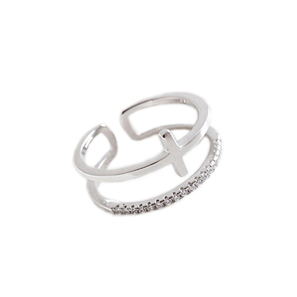 Lovcia 925 Sterling Silver Adjustable Cross CZ Ring-Rings-Rhodium-