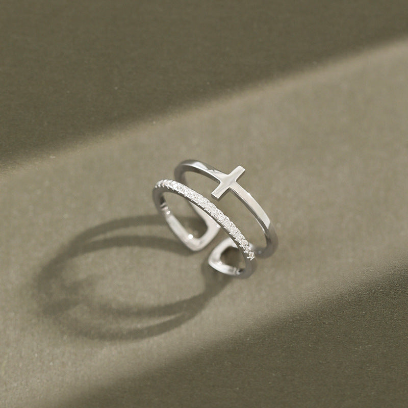 Lovcia 925 Sterling Silver Adjustable Cross CZ Ring-Rings-Rhodium-Rhodium