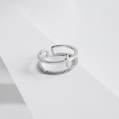 Lovcia 925 Sterling Silver Adjustable Cross CZ Ring-Rings-Rhodium-Rhodium