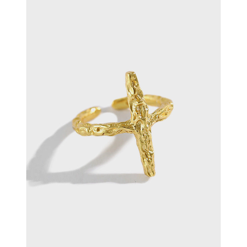 Lovcia 925 Sterling Silver Adjustable Cross Ring Gold-Rings-Yellow Gold-Yellow Gold