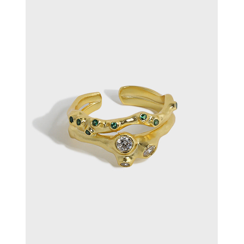 Lovcia 925 Sterling Silver Adjustable Ring CZ Double Layer-Rings-Yellow Gold-Yellow Gold