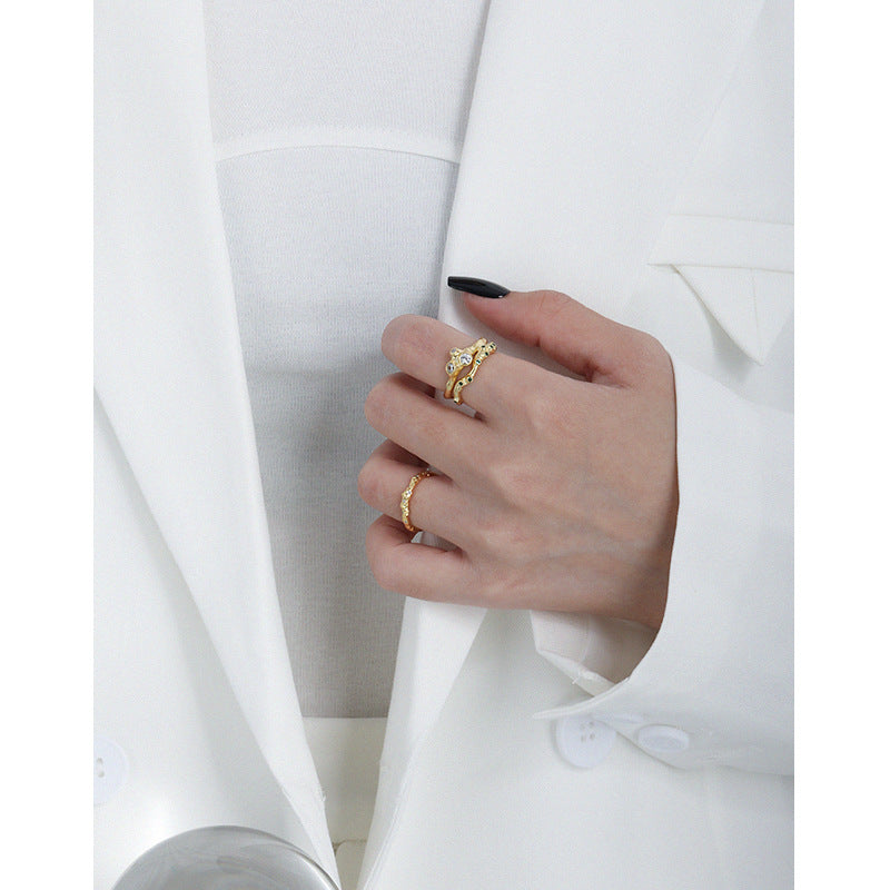 Lovcia 925 Sterling Silver Adjustable Ring CZ Double Layer-Rings-Yellow Gold-Yellow Gold