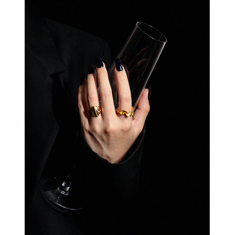 Lovcia 925 Sterling Silver Adjustable Ring Gold Wave-Rings-Yellow Gold-Yellow Gold