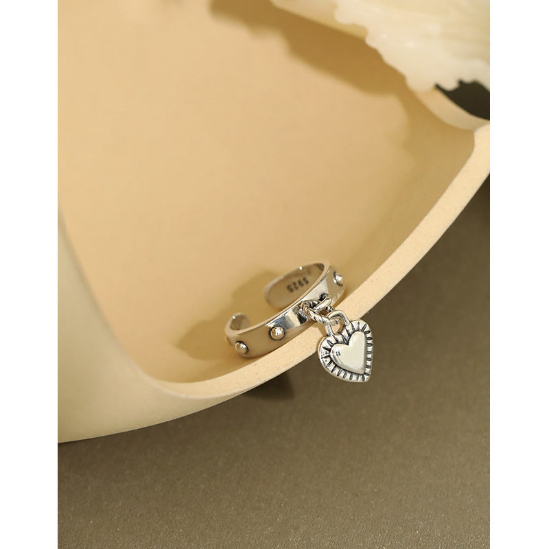 Lovcia 925 Sterling Silver Adjustable Ring With Heart Charm-Rings-Vintage-