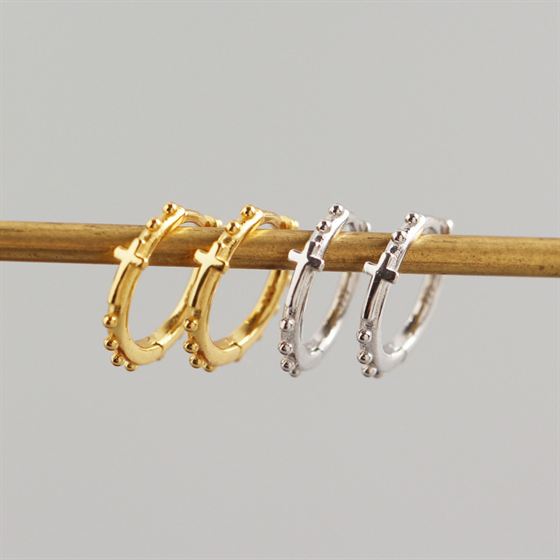 Lovcia 925 Sterling Silver Cross Beads Hoop Earrings 14mm-Earrings-Yellow Gold-