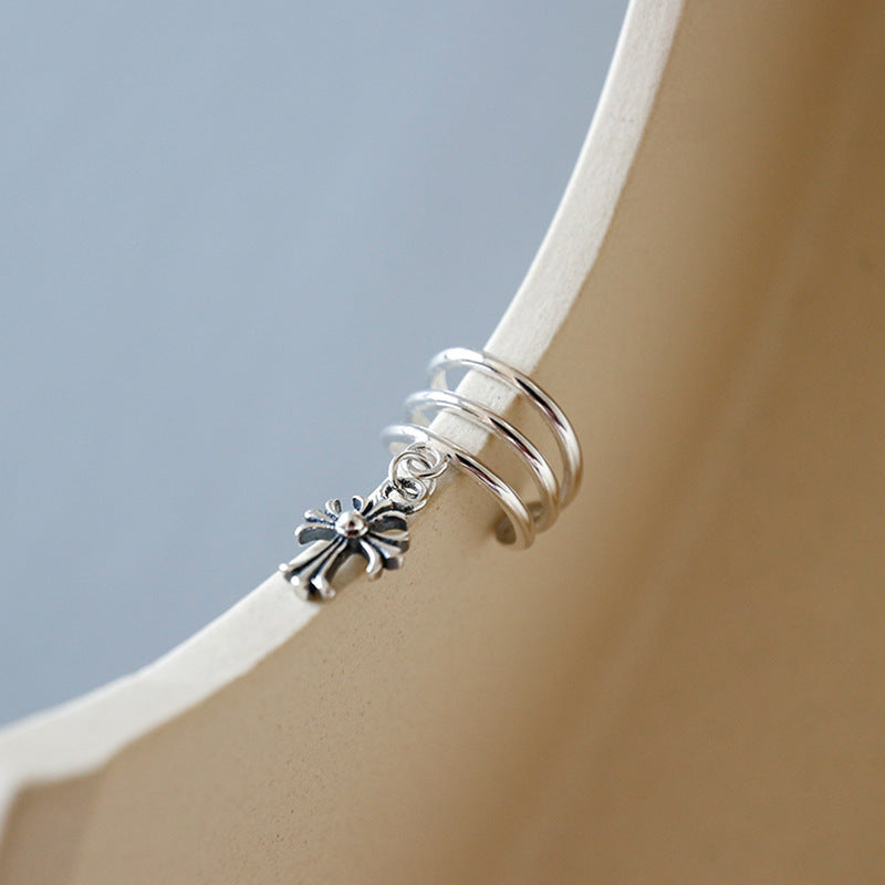 Lovcia 925 Sterling Silver Cross Flower Single Earring-Earrings-Rhodium-