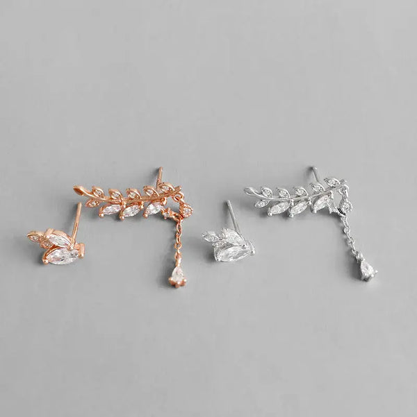 Lovcia 925 Sterling Silver CZ Leaves Branch Stud Earrings-Earrings-Rhodium-Rhodium