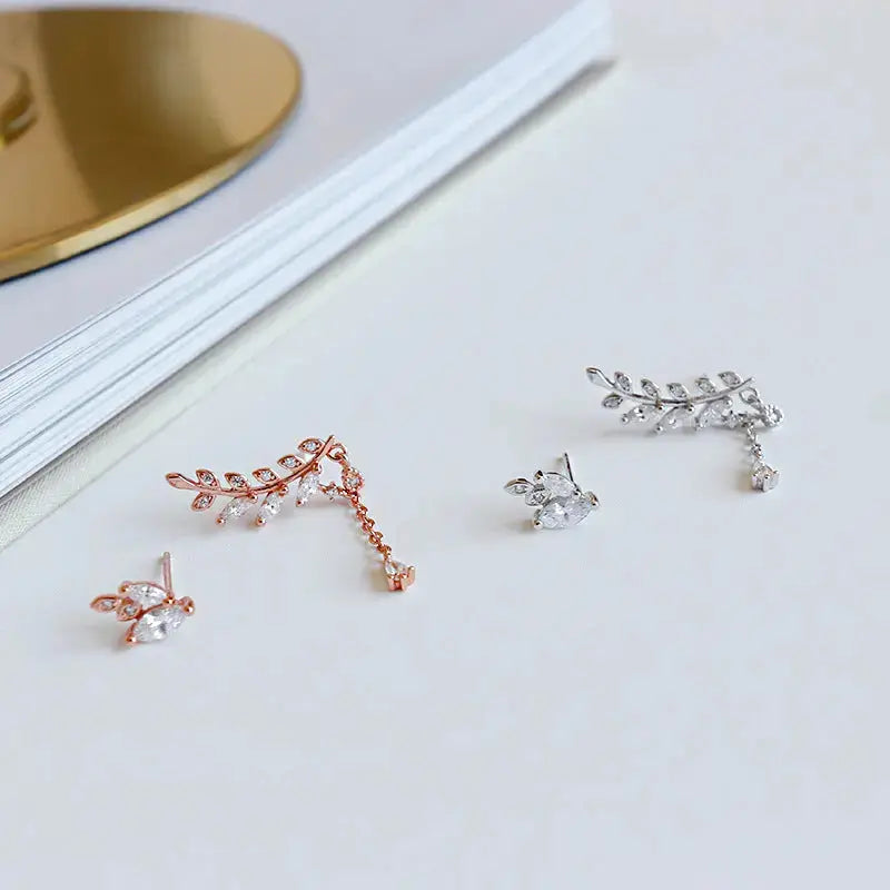 Lovcia 925 Sterling Silver CZ Leaves Branch Stud Earrings-Earrings-Rhodium-Rhodium