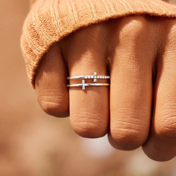 Lovcia 925 Sterling Silver Double Cross Ring-Rings-Silver-5-Silver