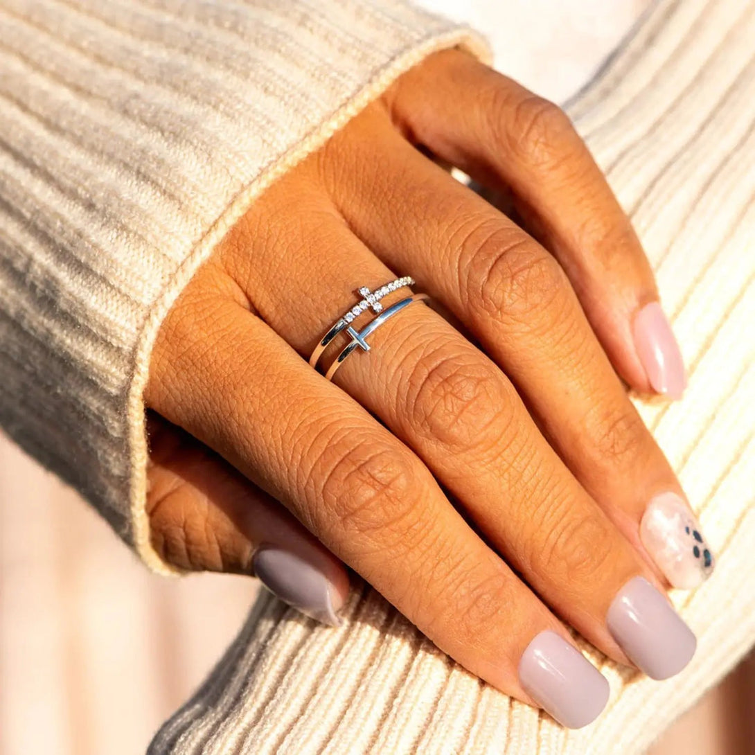 Lovcia 925 Sterling Silver Double Cross Ring-Rings-Silver-5-Silver