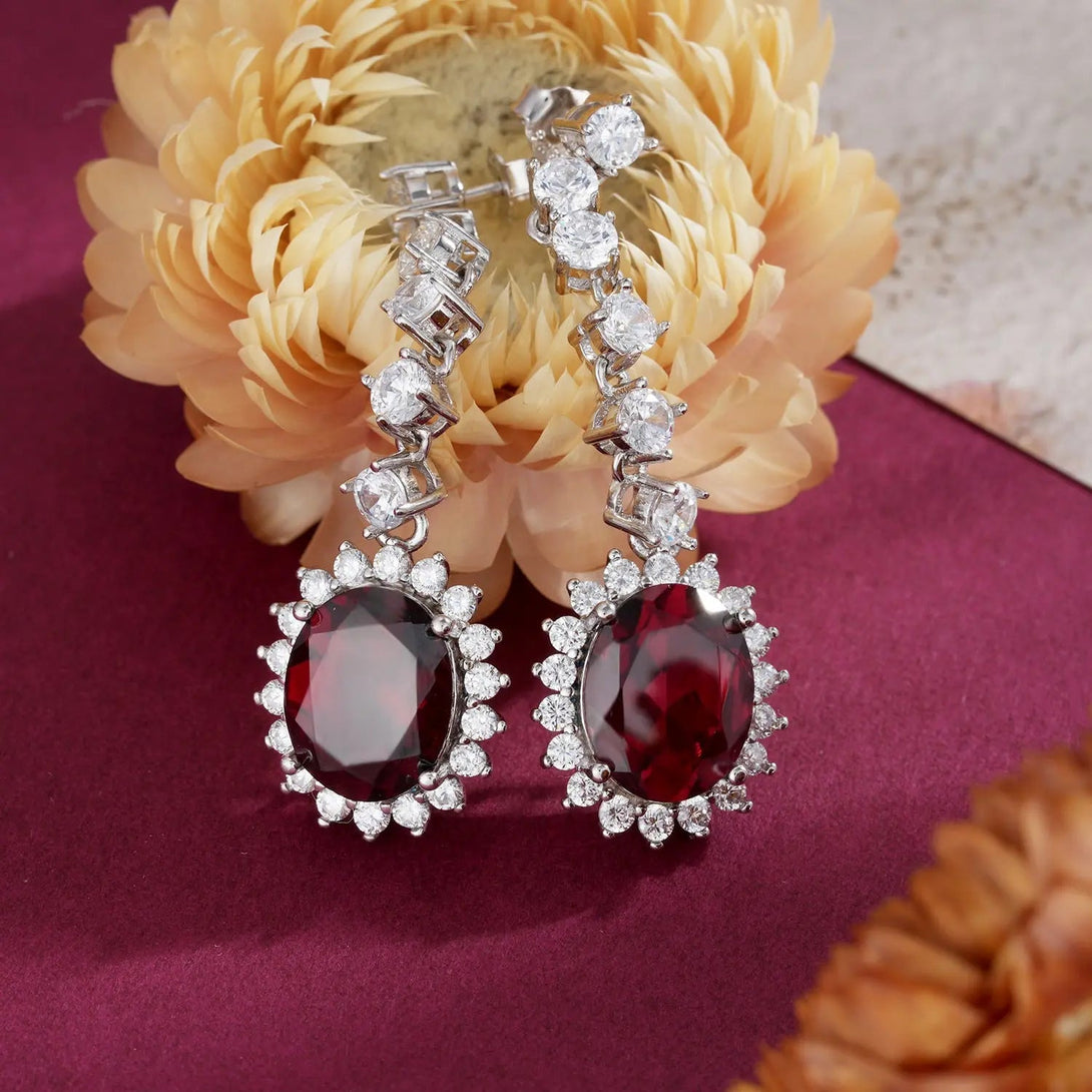 Lovcia 925 Sterling Silver Garnet Red Drop Earrings for Women - Elegant Dangle Earrings with Sparkling Zirconia, Hypoallergenic Jewellery-Earrings-Natural Garnet-925 Silver-Natural Garnet