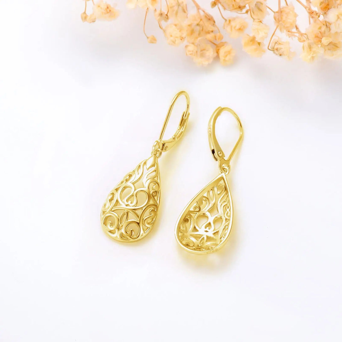 Lovcia 925 Sterling Silver Gold Plated Teardrop Filigree Dangle Drop Leverback Earrings for Women - Elegant Vintage Style Jewellery-Earrings-Gold-Gold
